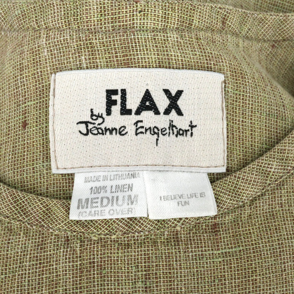 Flax Top Womens Medium Green Gold Linen Tunic Blouse Side Slits Lagenlook - Picture 3 of 12